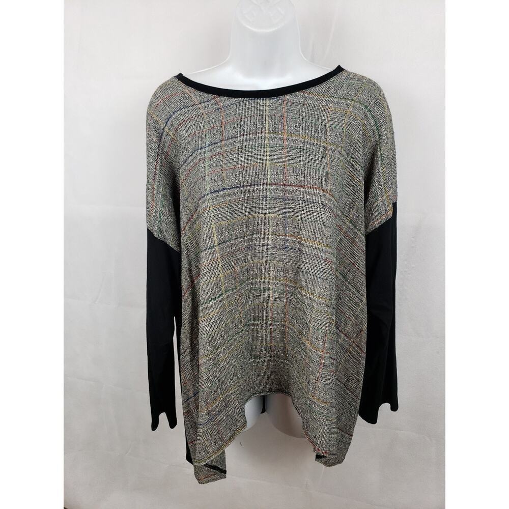 NWT Blanque Womens Multicolor Plaid Lagenlook Crew Pullover 3/4 Sleeves Size 2